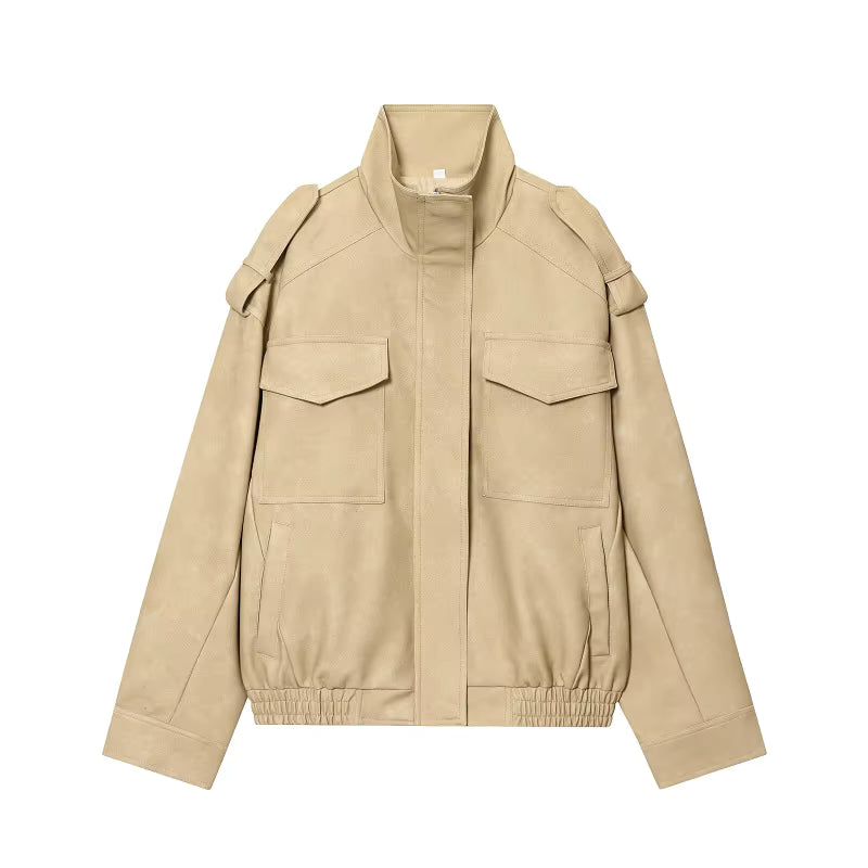 Ivy | Women's Faux Leather Suede Cropped Bomber Jacket