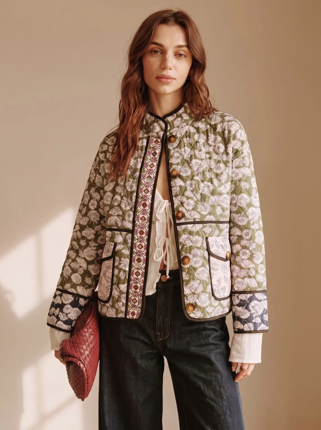 Amelie | Women's Quilted Floral Print Pleated Jacket