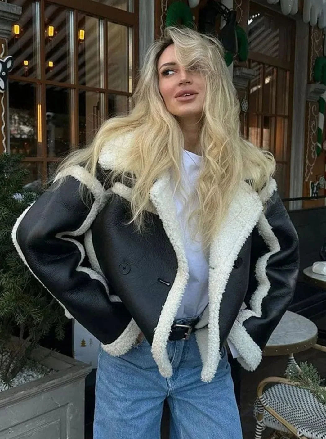 Aria | Women's Faux Leather Cropped Shearling Jacket