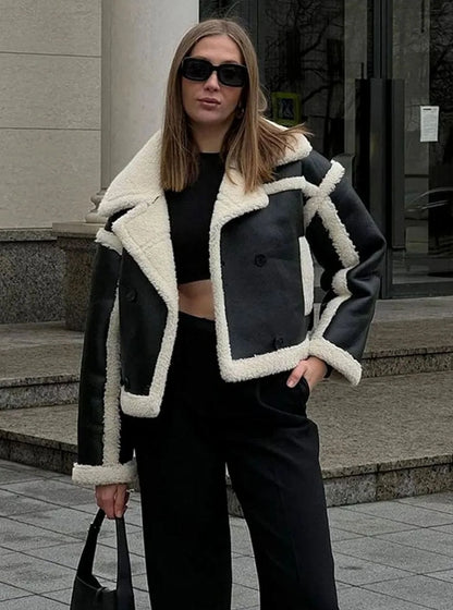 Aria | Women's Faux Leather Cropped Shearling Jacket