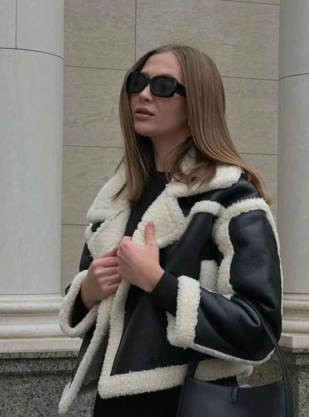 Aria | Women's Faux Leather Cropped Shearling Jacket