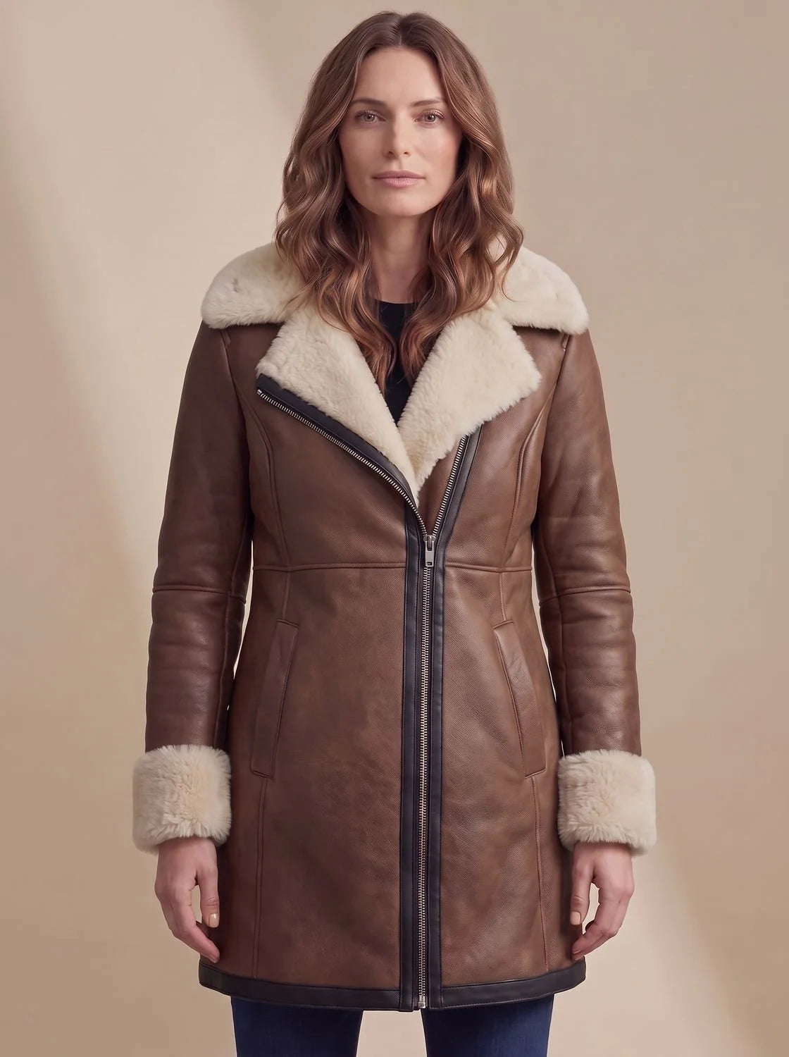 Aria | Women's Shearling-Collar Zip-Front Leather Winter Coat
