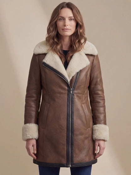 Aria | Women's Shearling-Collar Zip-Front Leather Winter Coat