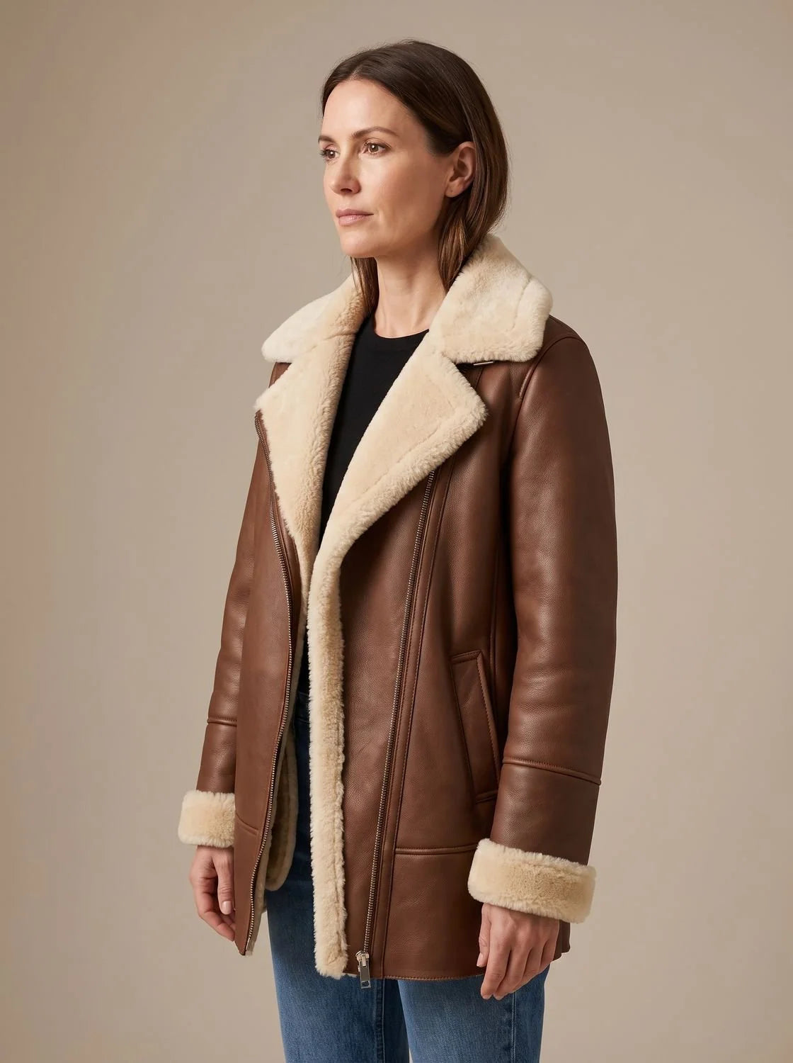 Aria | Women's Shearling-Collar Zip-Front Leather Winter Coat