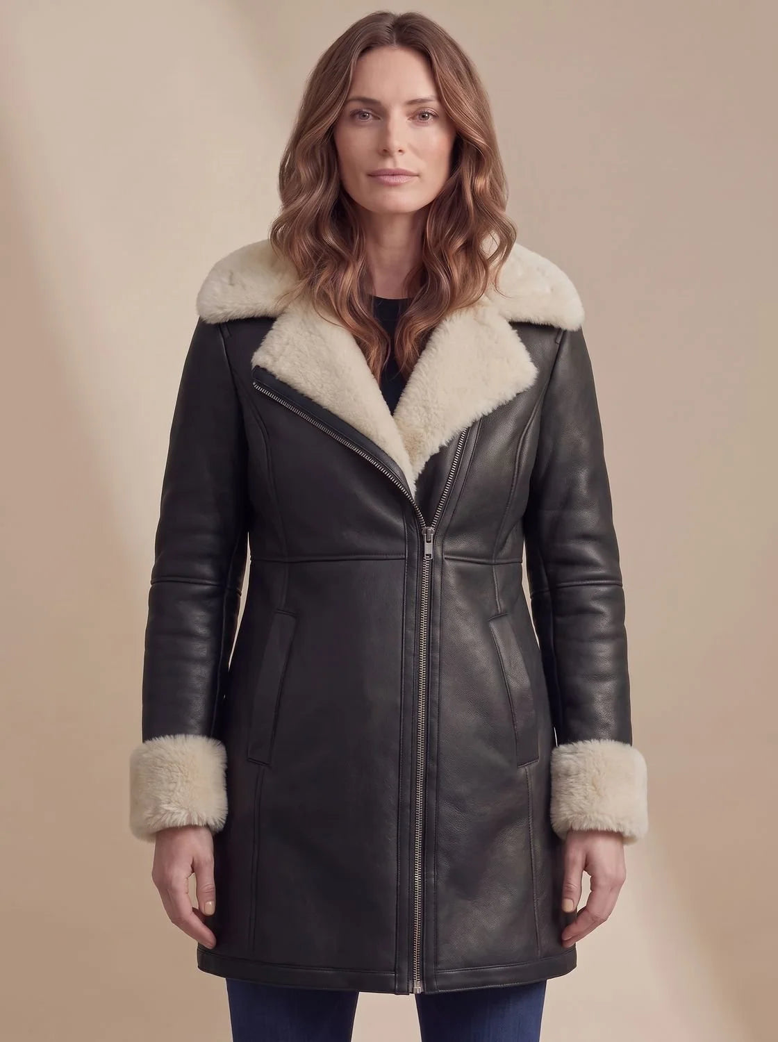 Aria | Women's Shearling-Collar Zip-Front Leather Winter Coat