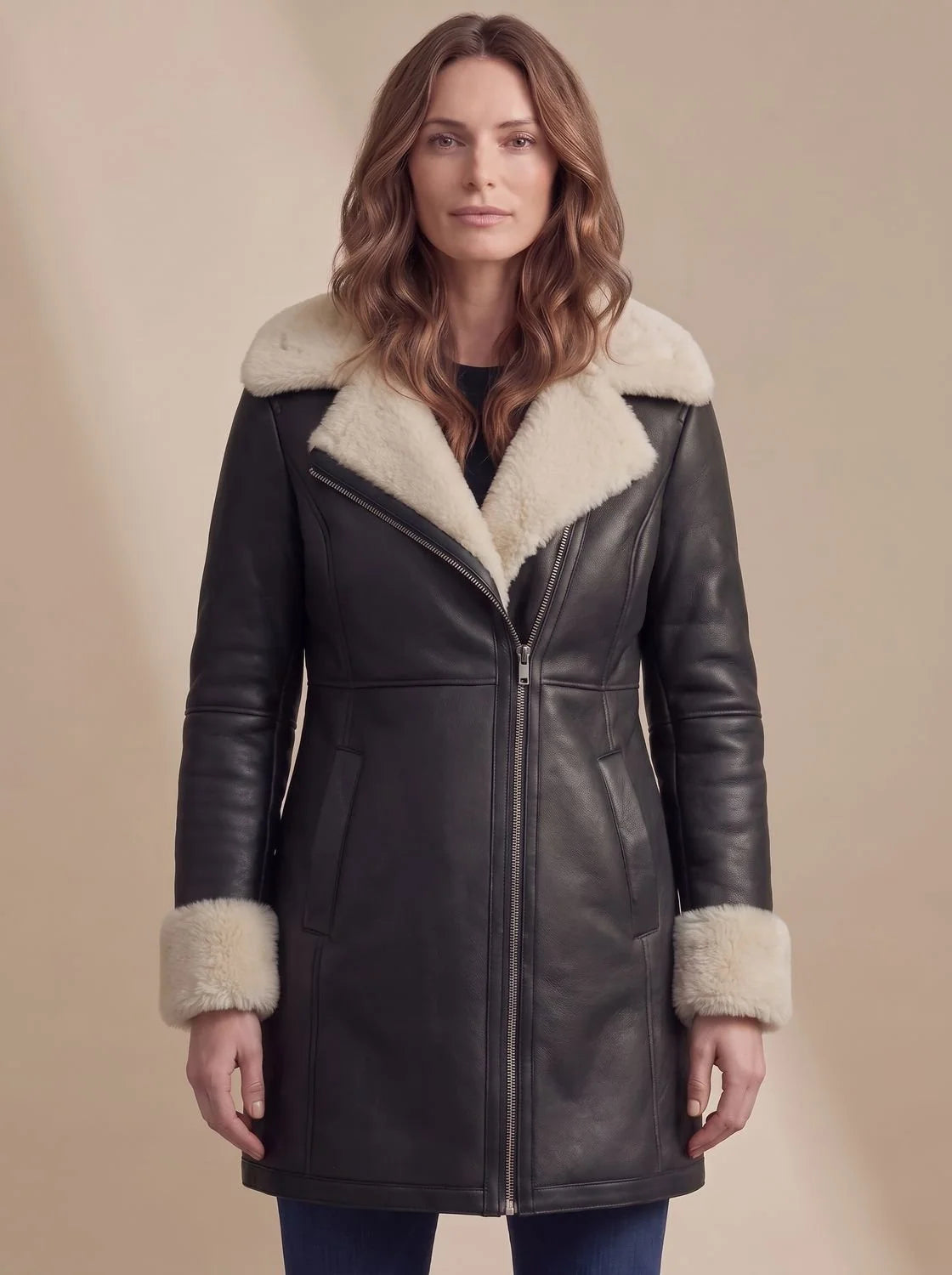 Aria | Women's Shearling-Collar Zip-Front Leather Winter Coat