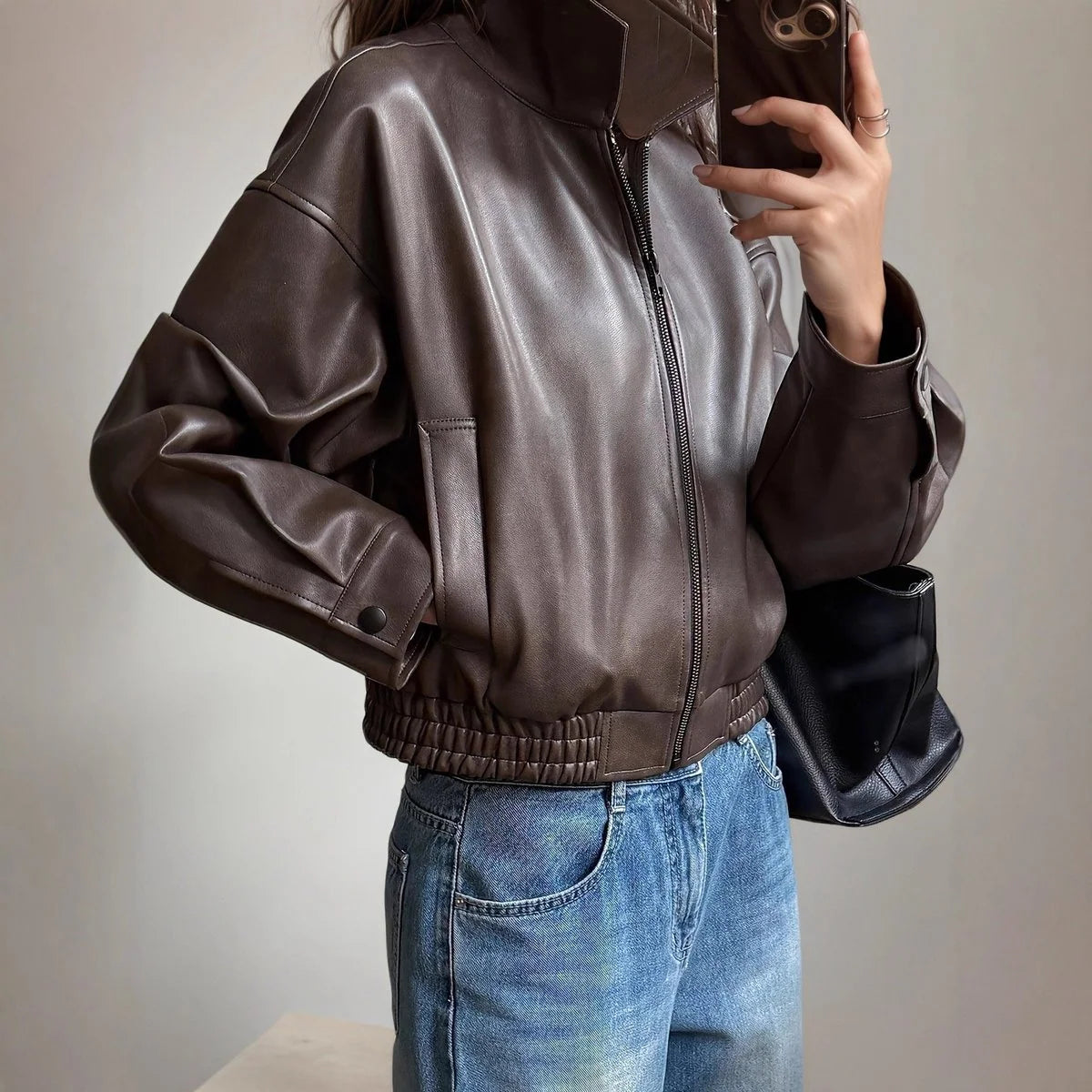 Audrey | Women's Faux Leather Bomber Jacket Long Sleeve