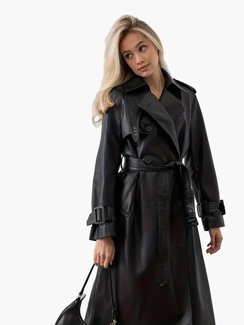 Audrey | Women's Leather Long Belted Trench Coat