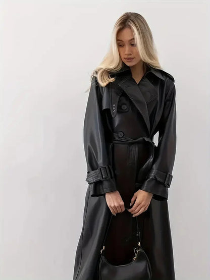 Audrey | Women's Leather Long Belted Trench Coat
