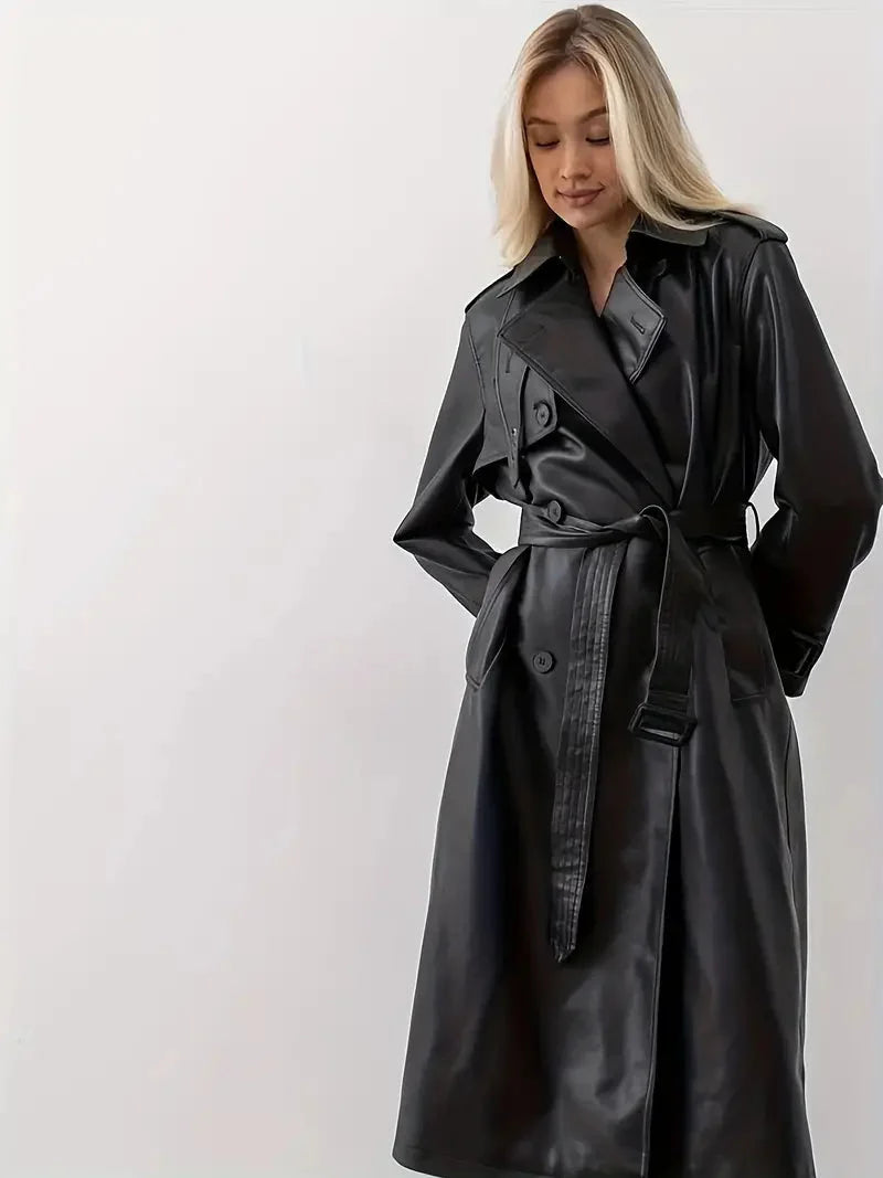 Audrey | Women's Leather Long Belted Trench Coat