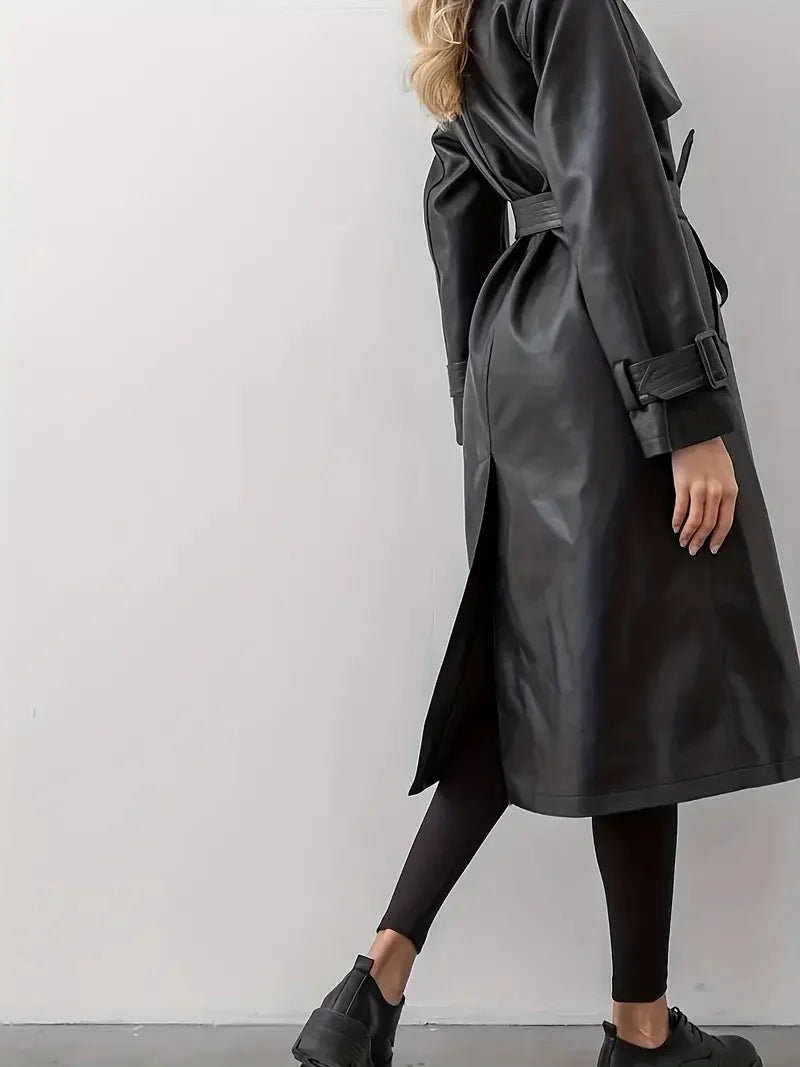 Audrey | Women's Leather Long Belted Trench Coat
