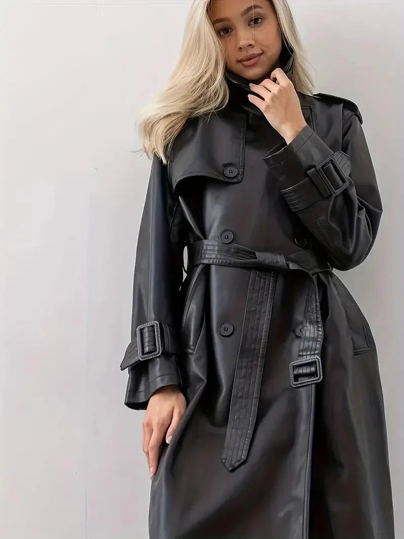 Audrey | Women's Leather Long Belted Trench Coat