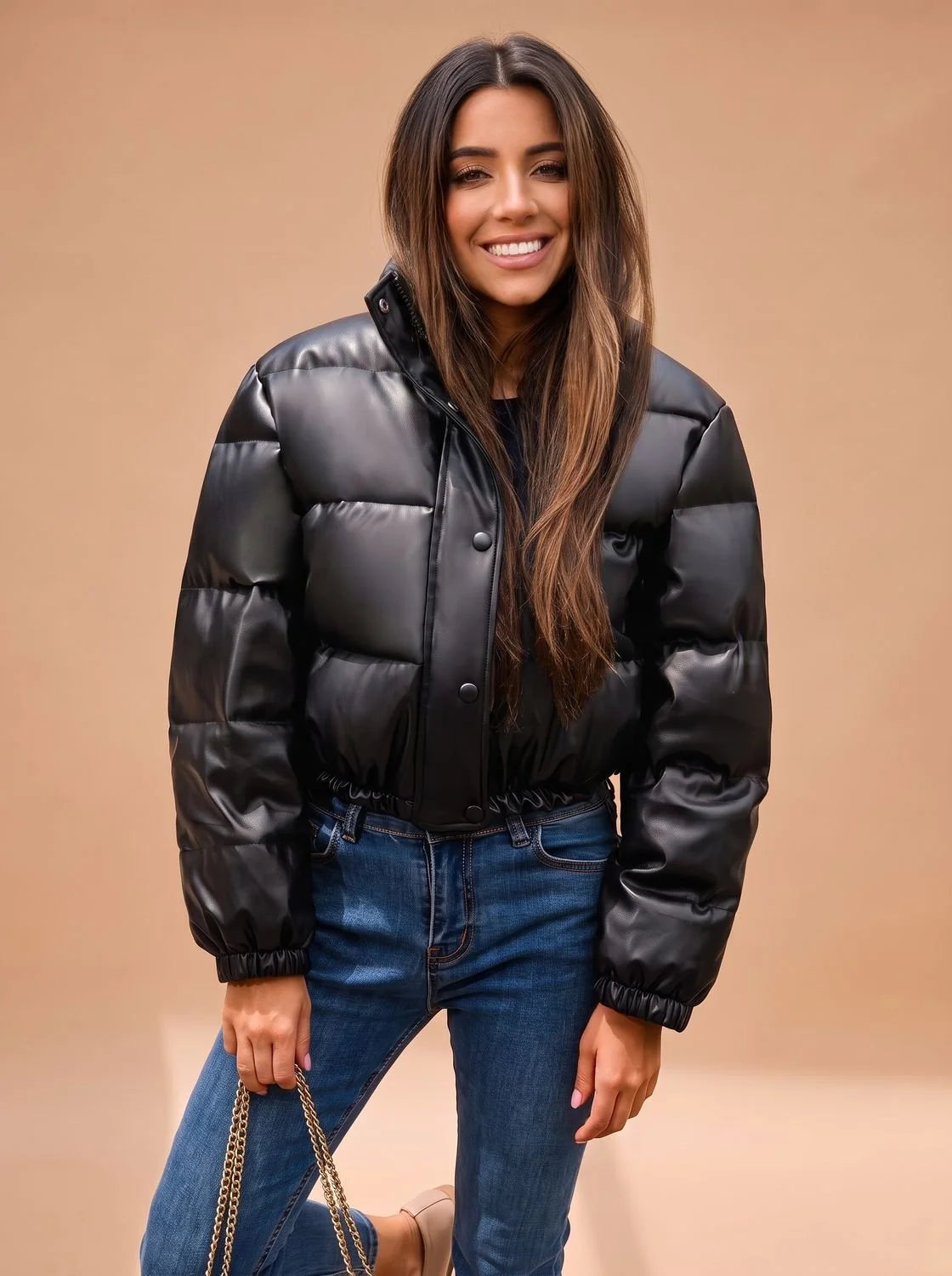 Blair | Women's Faux Leather Hooded Cropped Puffer Jacket