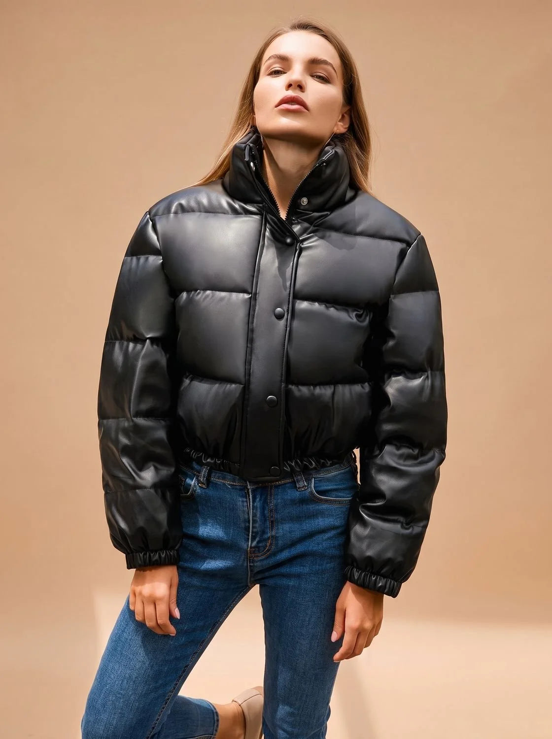 Blair | Women's Faux Leather Hooded Cropped Puffer Jacket
