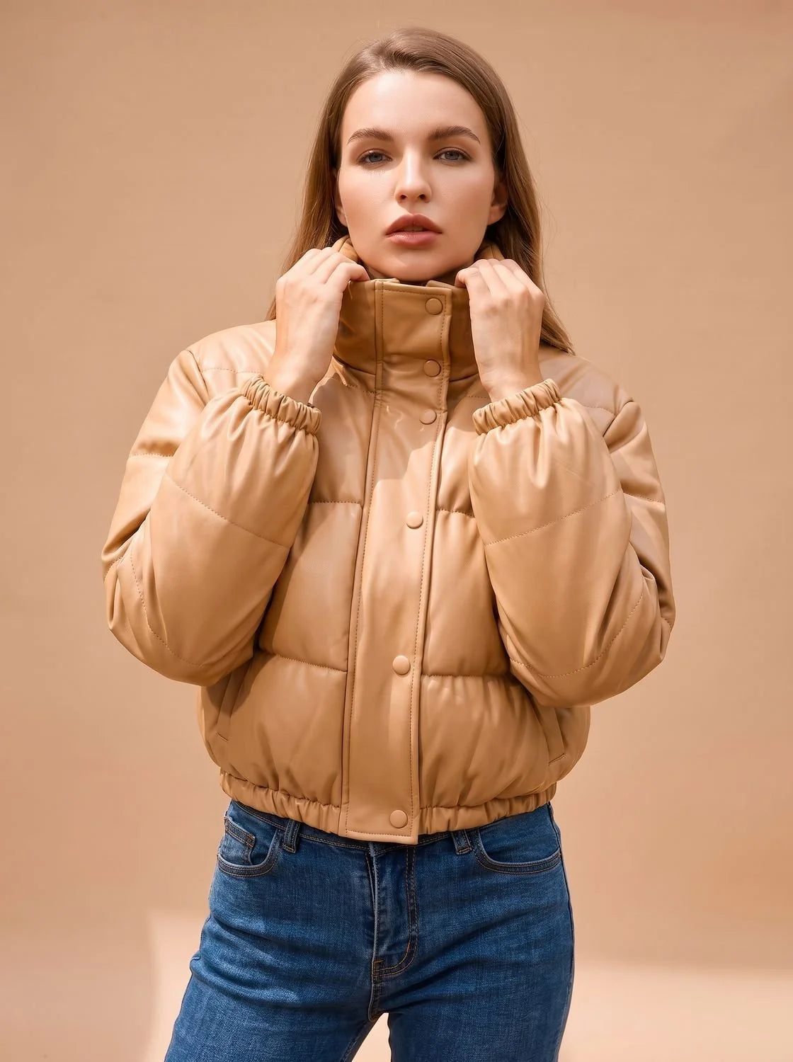 Blair | Women's Faux Leather Hooded Cropped Puffer Jacket