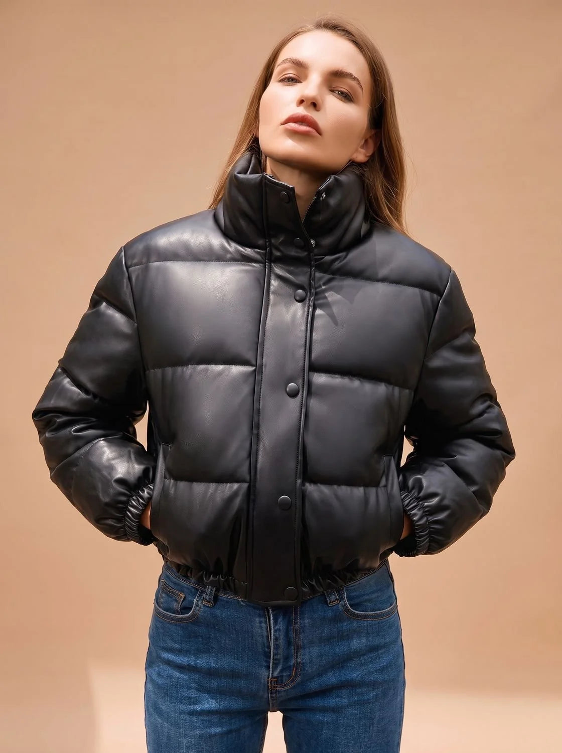 Blair | Women's Faux Leather Hooded Cropped Puffer Jacket