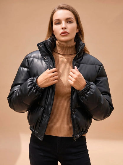 Blair | Women's Faux Leather Hooded Cropped Puffer Jacket