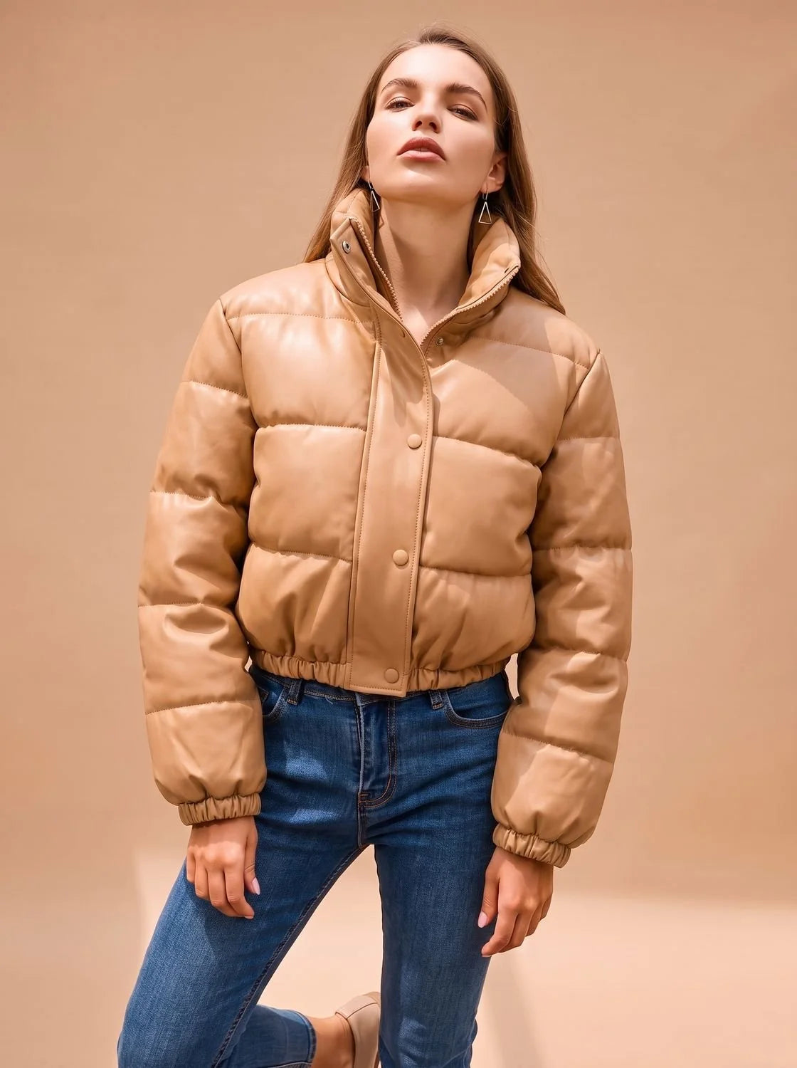 Blair | Women's Faux Leather Hooded Cropped Puffer Jacket