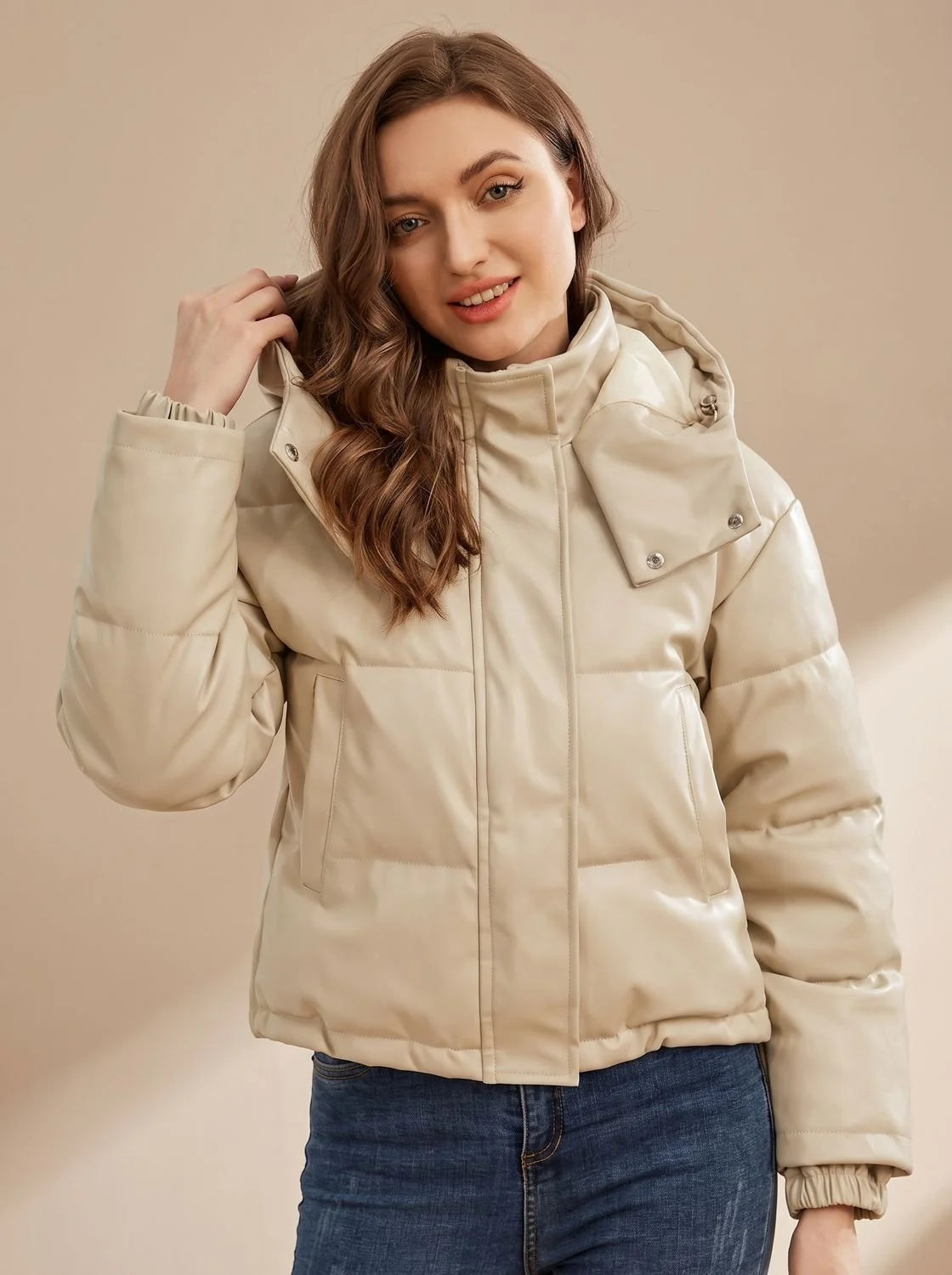 Clara | Women's Faux Leather Quilted Hooded Puffer Jacket