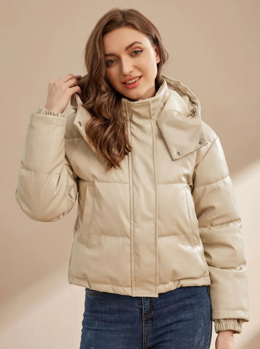 Clara | Women's Faux Leather Quilted Hooded Puffer Jacket