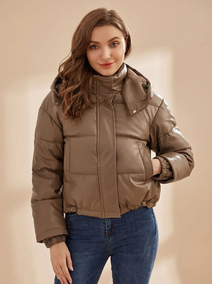 Clara | Women's Faux Leather Quilted Hooded Puffer Jacket