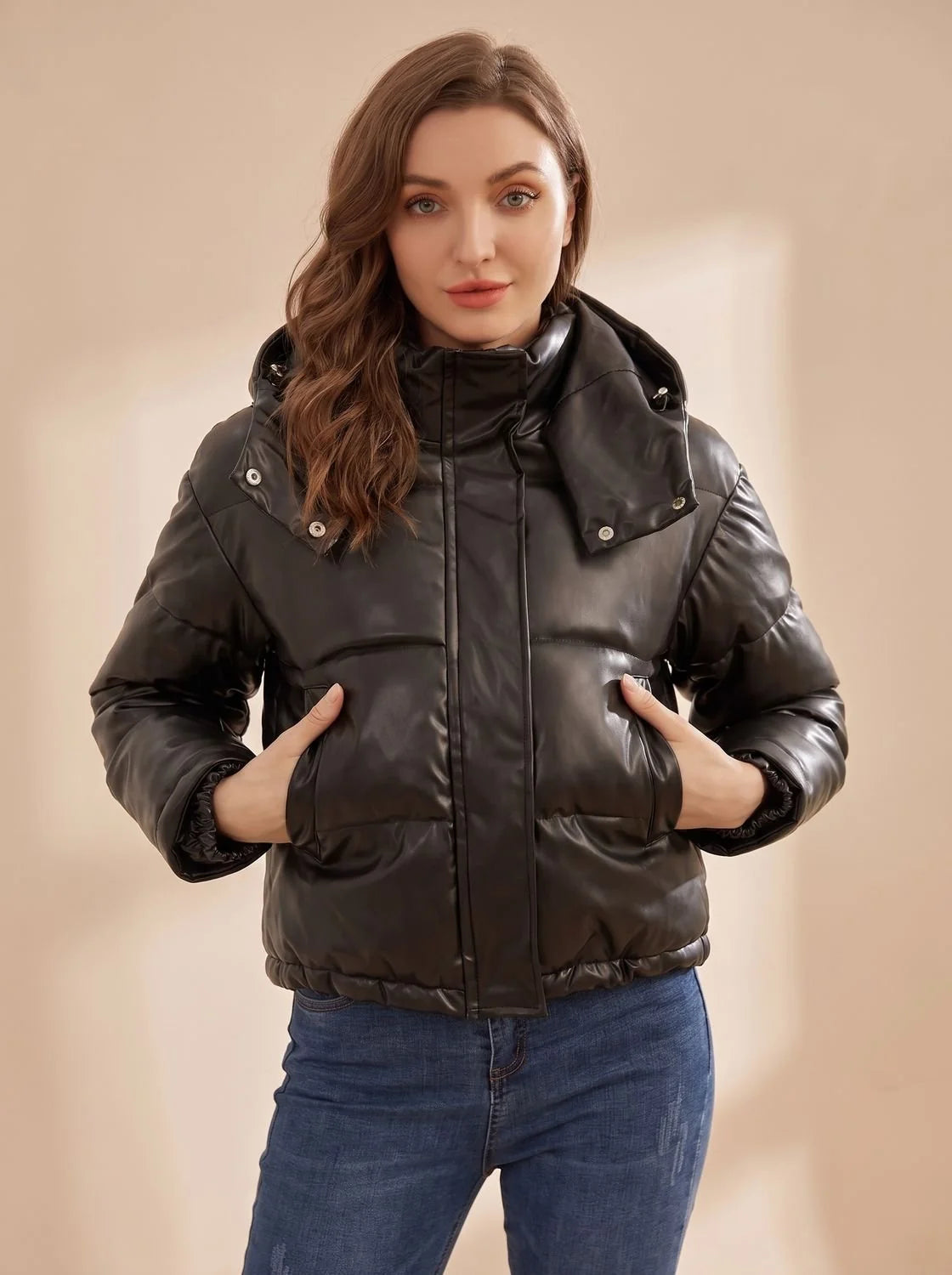 Clara | Women's Faux Leather Quilted Hooded Puffer Jacket