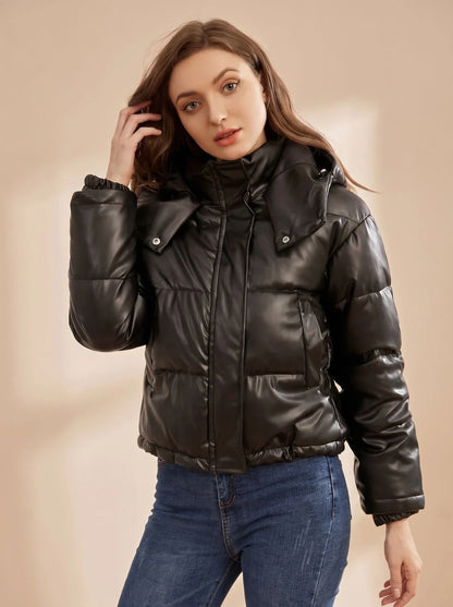 Clara | Women's Faux Leather Quilted Hooded Puffer Jacket