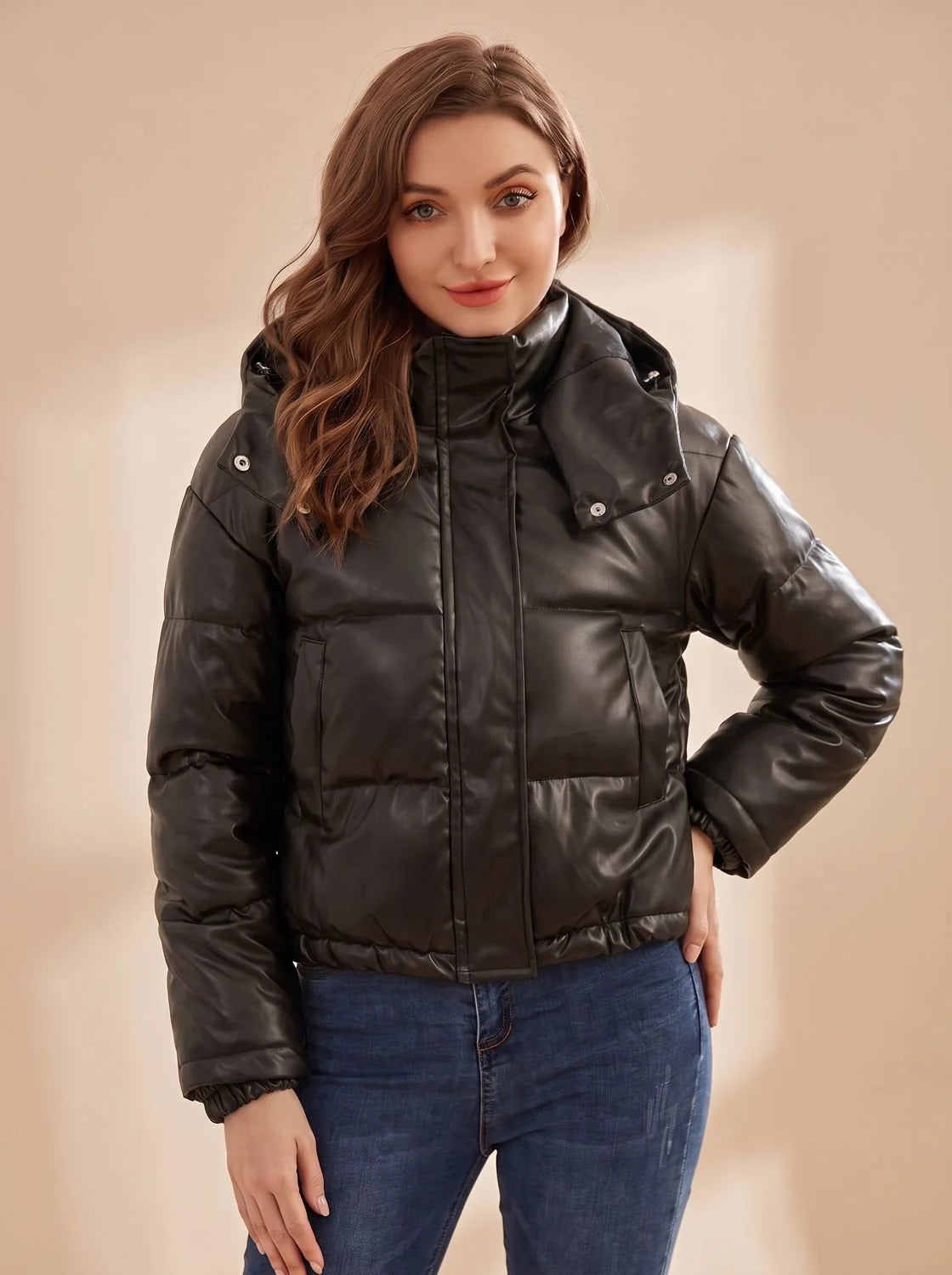 Clara | Women's Faux Leather Quilted Hooded Puffer Jacket