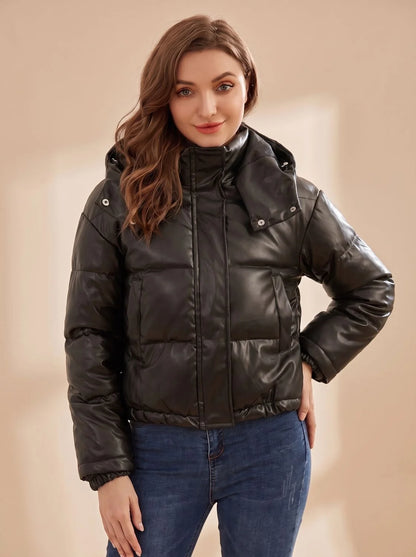 Clara | Women's Faux Leather Quilted Hooded Puffer Jacket