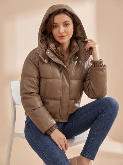 Clara | Women's Faux Leather Quilted Hooded Puffer Jacket