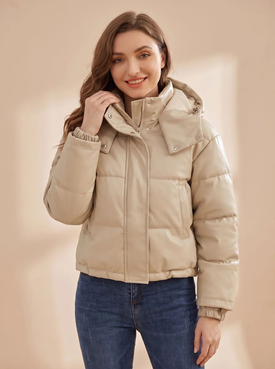 Clara | Women's Faux Leather Quilted Hooded Puffer Jacket