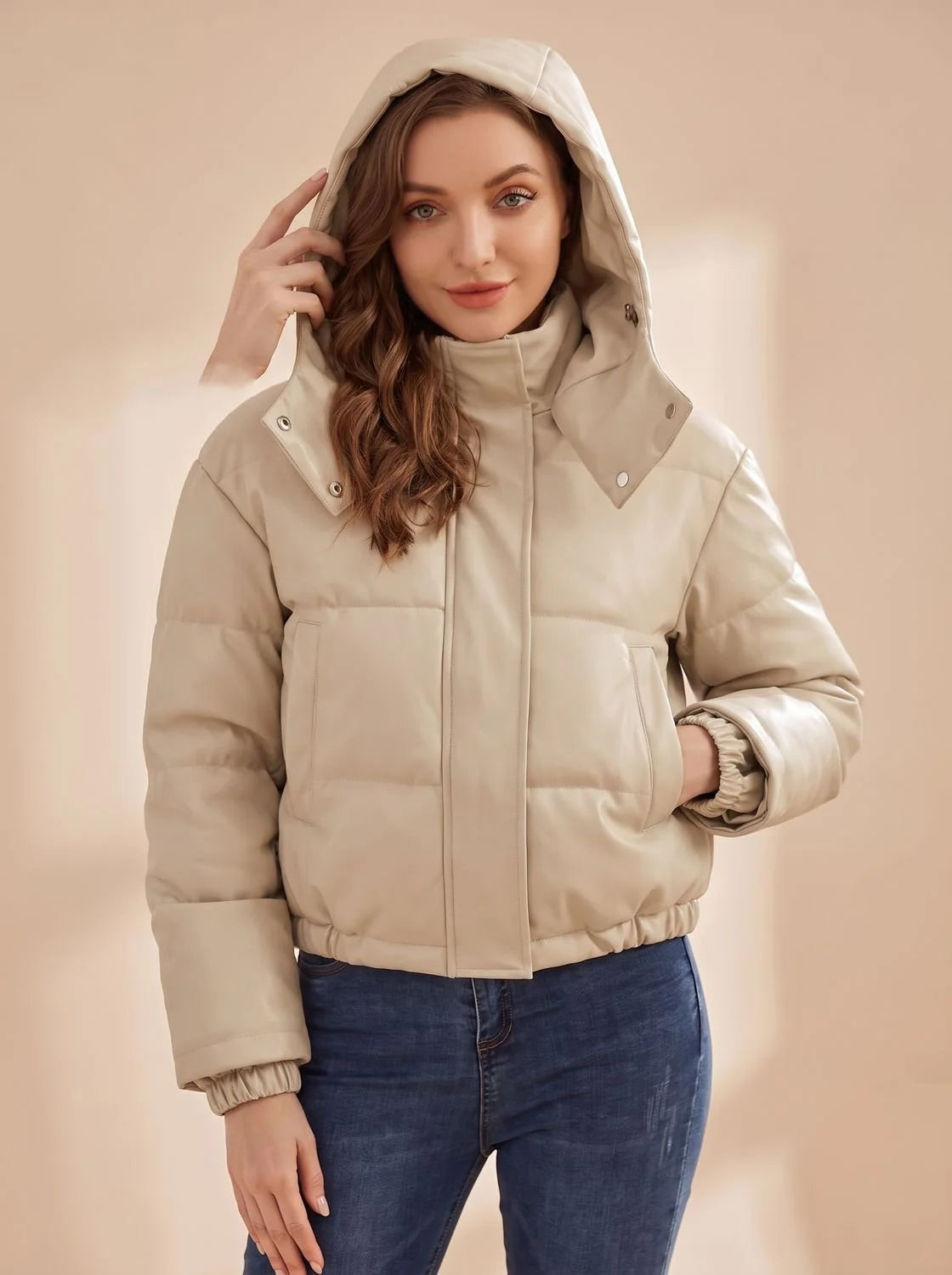 Clara | Women's Faux Leather Quilted Hooded Puffer Jacket