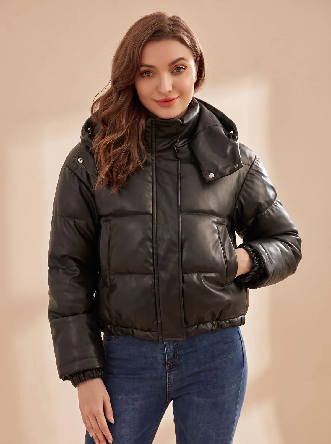 Clara | Women's Faux Leather Quilted Hooded Puffer Jacket