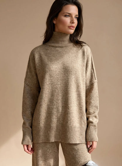 Eleanor | Women's Knit Oversized Turtleneck Wide-Leg Loungewear Set