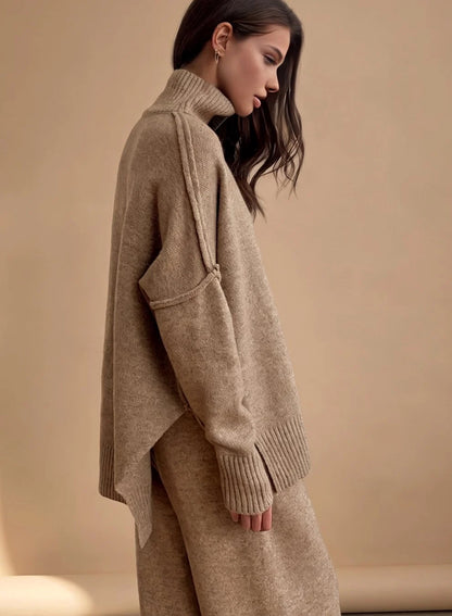 Eleanor | Women's Knit Oversized Turtleneck Wide-Leg Loungewear Set
