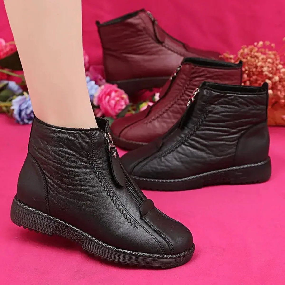 Eulalia | Women's Leather Fleece-Lined Zip-Up Ankle Boots