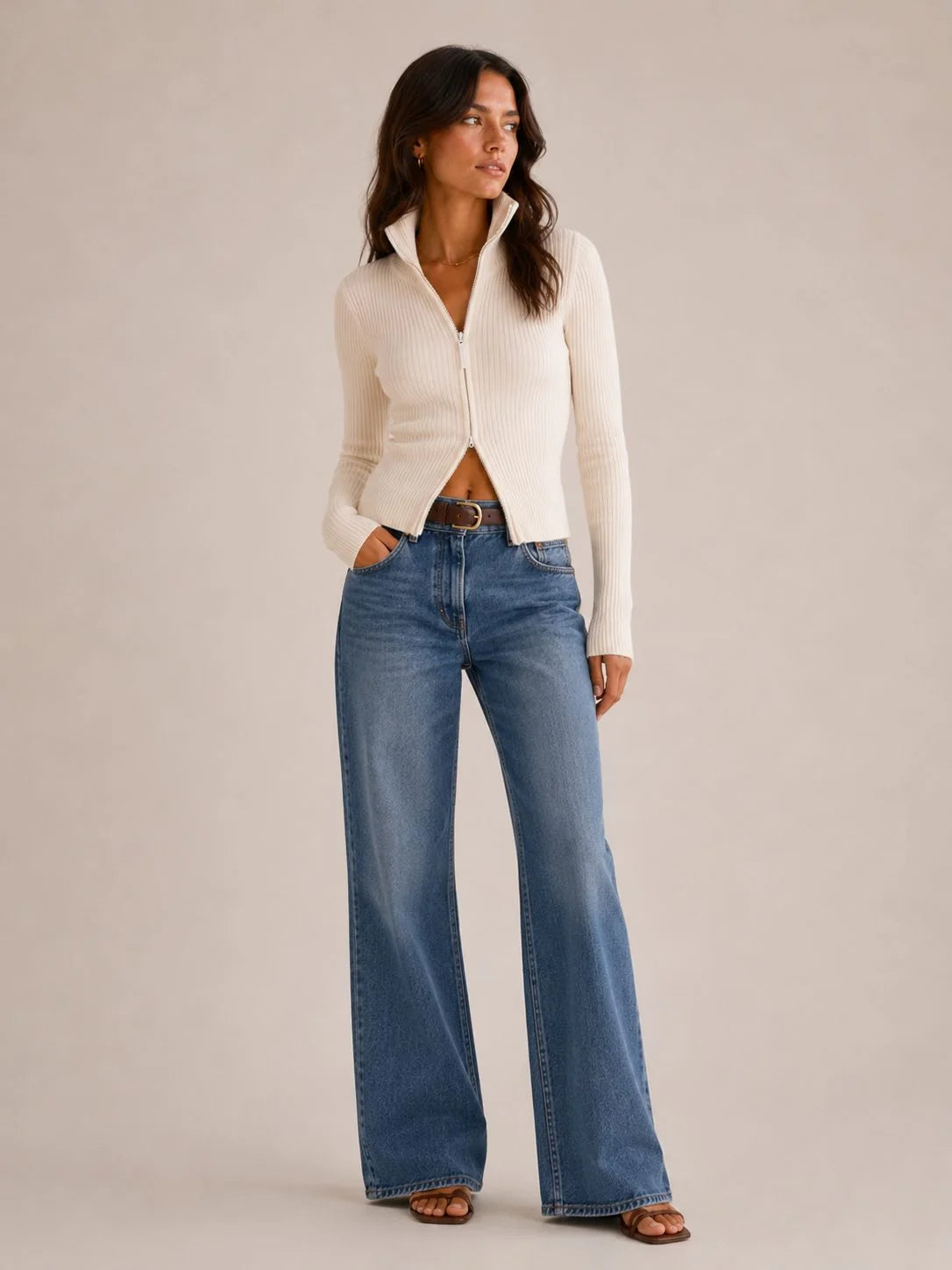 Fiona | Women's Ribbed Knit Zip-Up Cropped Cardigan