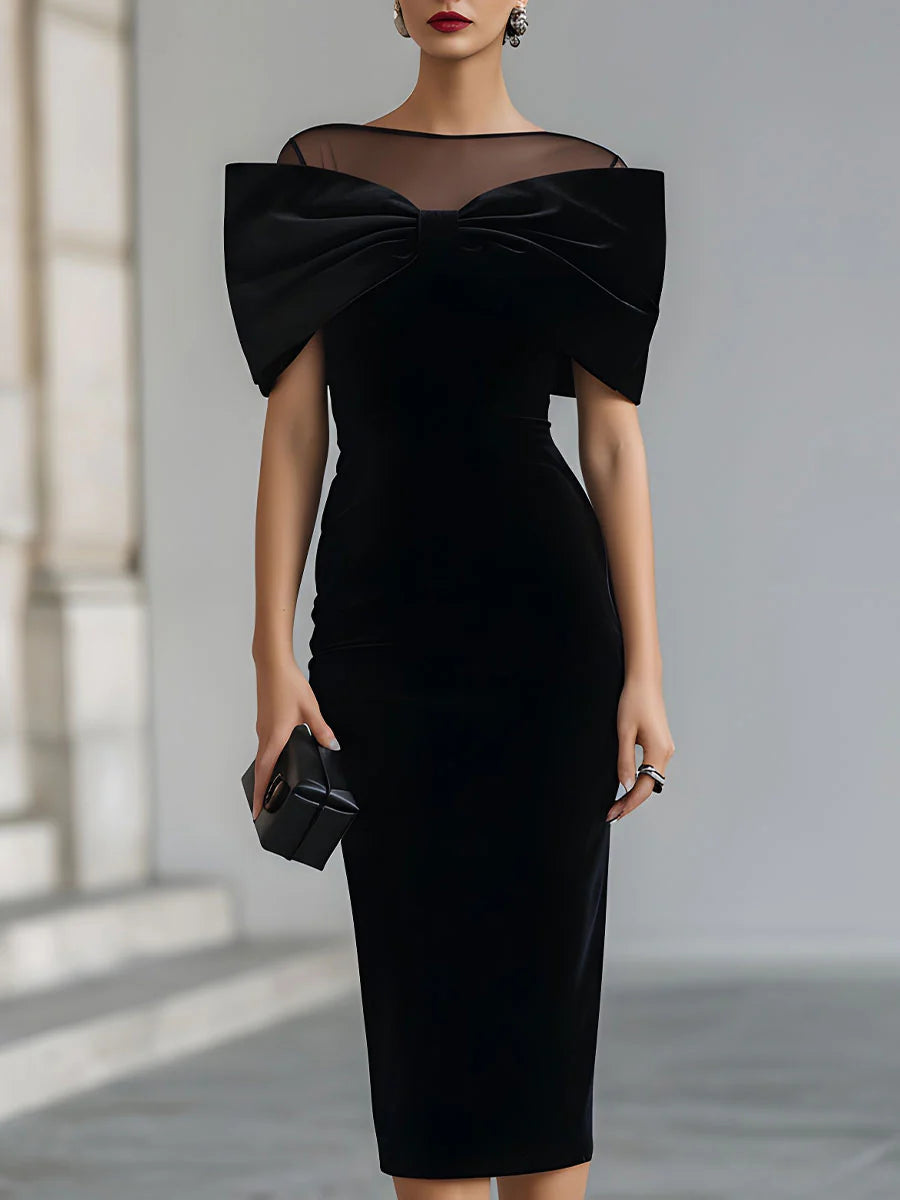 Genevieve | Women's Velvet Off-Shoulder Bow Midi Evening Dress