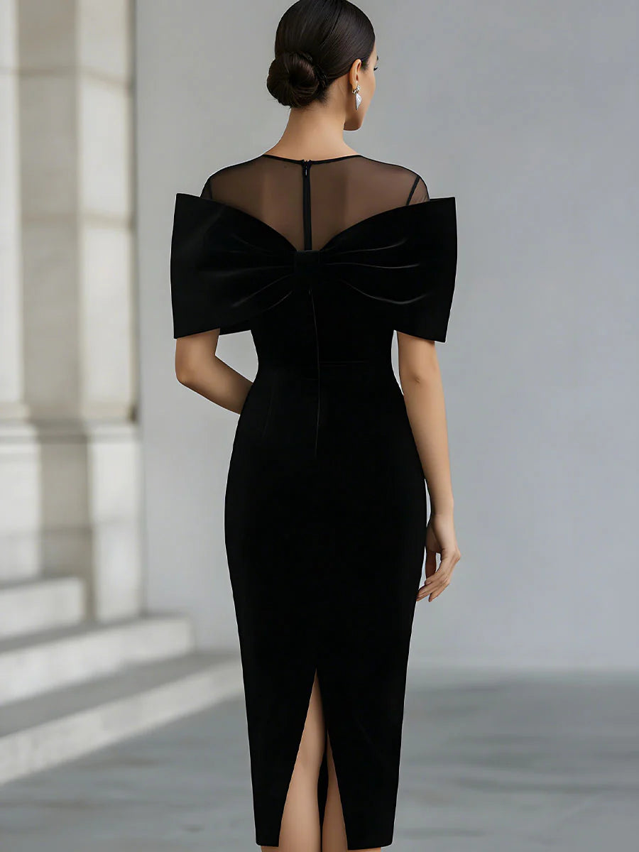 Genevieve | Women's Velvet Off-Shoulder Bow Midi Evening Dress