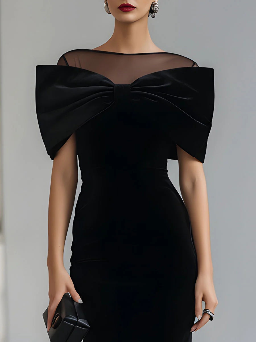 Genevieve | Women's Velvet Off-Shoulder Bow Midi Evening Dress
