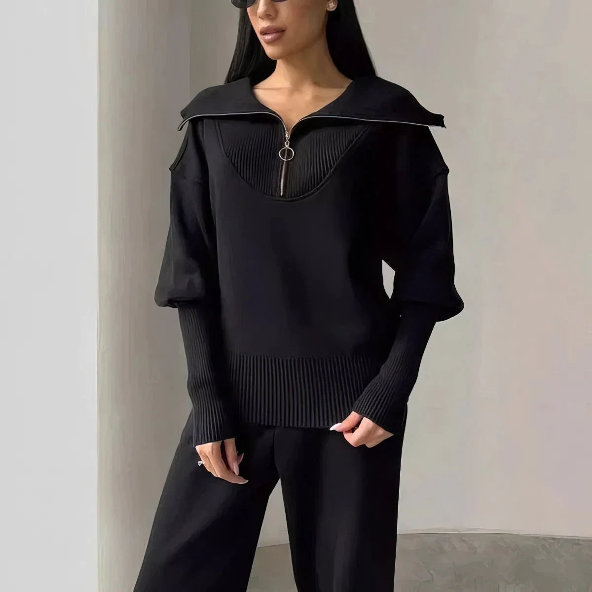 Harlow | Women's Ribbed Knit Half-Zip Loungewear Set