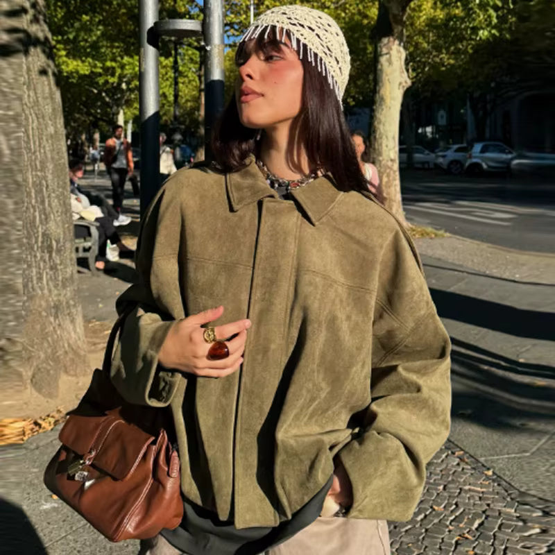 Harlow | Women's Suede Oversized Cropped Bomber Jacket