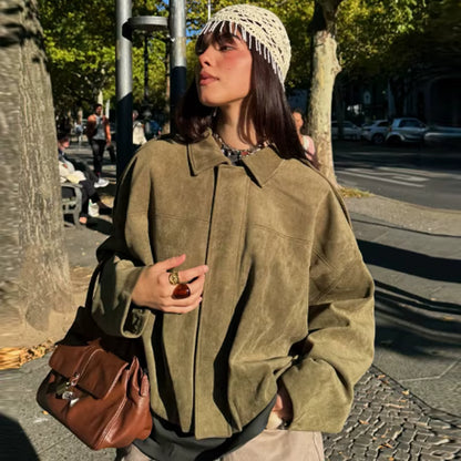Harlow | Women's Suede Oversized Cropped Bomber Jacket