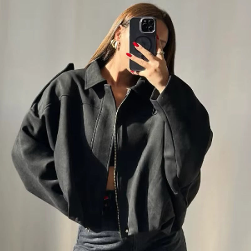 Harlow | Women's Suede Oversized Cropped Bomber Jacket