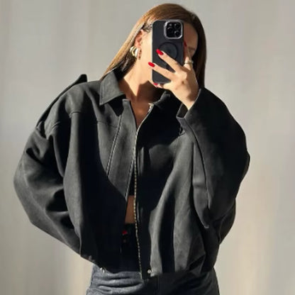 Harlow | Women's Suede Oversized Cropped Bomber Jacket