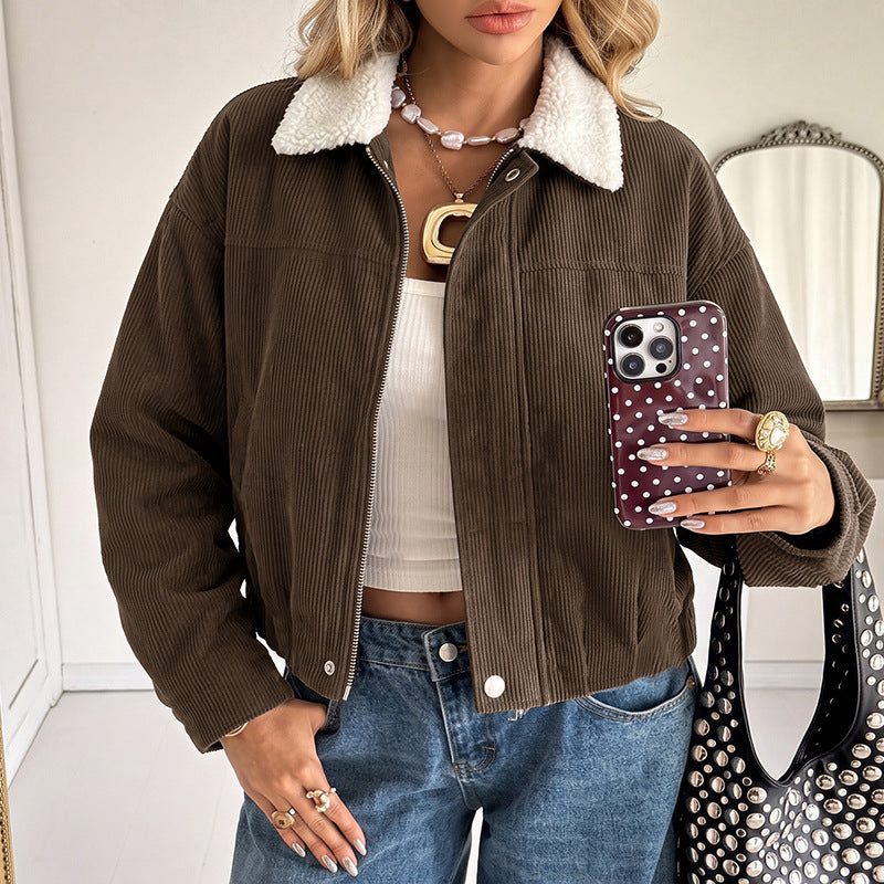 Hazel | Women's Corduroy Cropped Fleece-Collar Jacket
