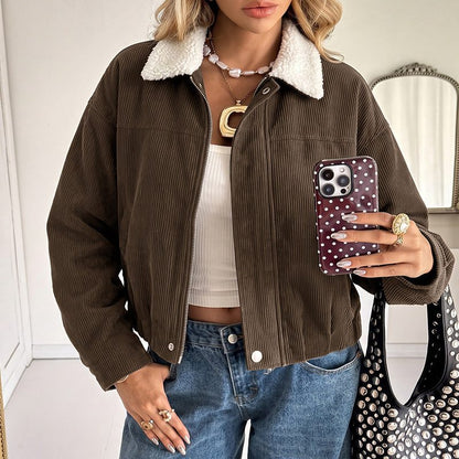 Hazel | Women's Corduroy Cropped Fleece-Collar Jacket