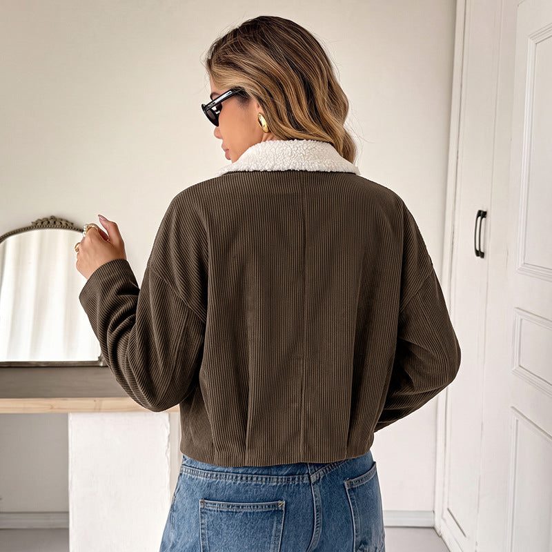 Hazel | Women's Corduroy Cropped Fleece-Collar Jacket