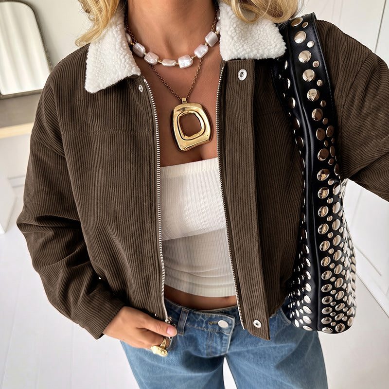 Hazel | Women's Corduroy Cropped Fleece-Collar Jacket