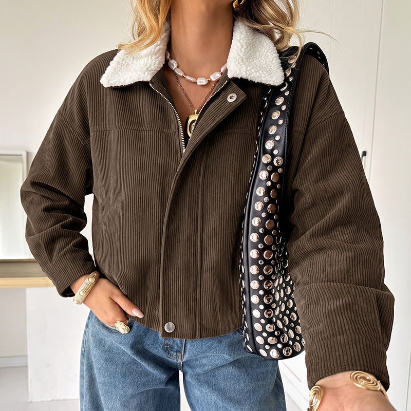 Hazel | Women's Corduroy Cropped Fleece-Collar Jacket